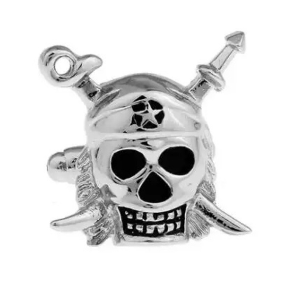 Silver Pirate Skull Cufflinks with Swords - Picture 3 of 16